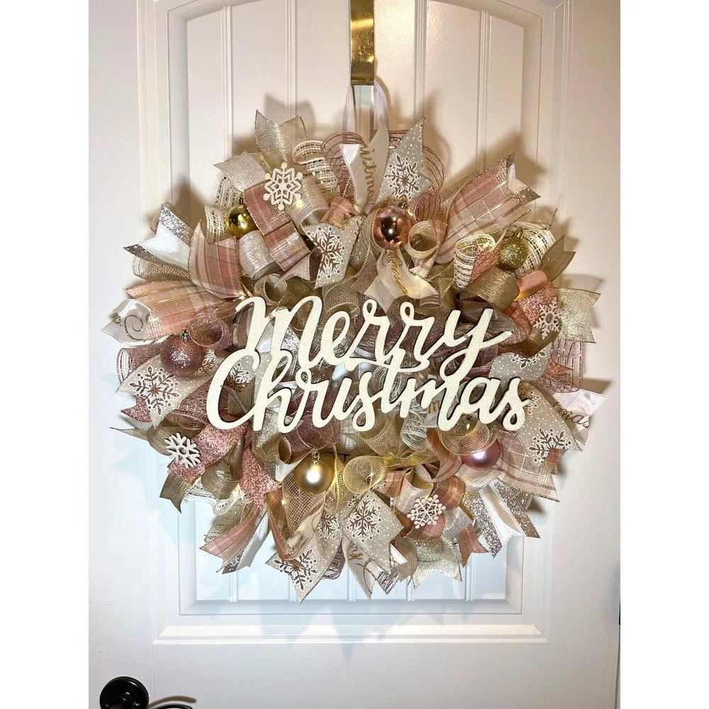 Christmas Snowflake Holiday Ribbon Door Wreath Handmade 22 ins LED W42 Gold Pink